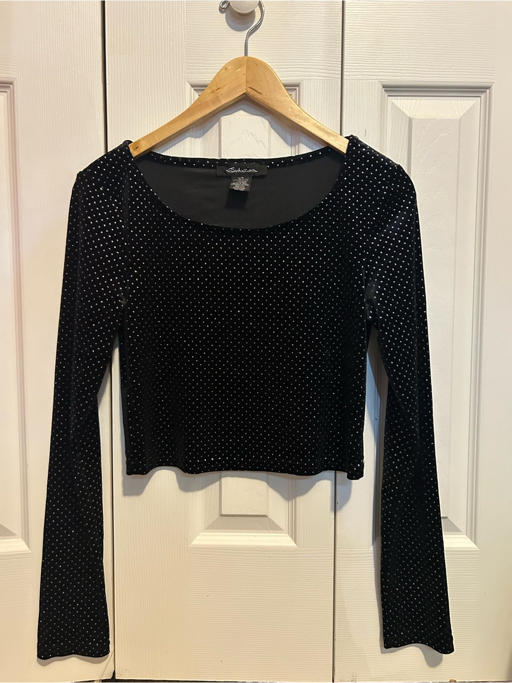 Sanctuary Black Velvet Long Sleeve Scoop Neck Top with Silver Micro-Dots
